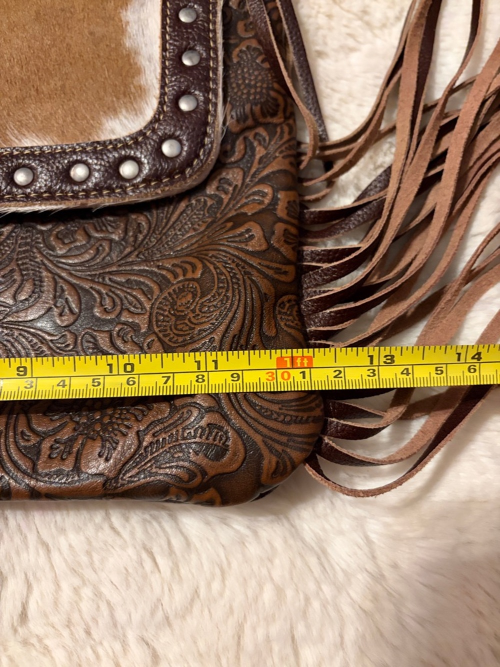 Myra Bag Craved Blossoms Leather Brown & White Hairon Cowhide Flap Crossbody - Picture 10 of 12